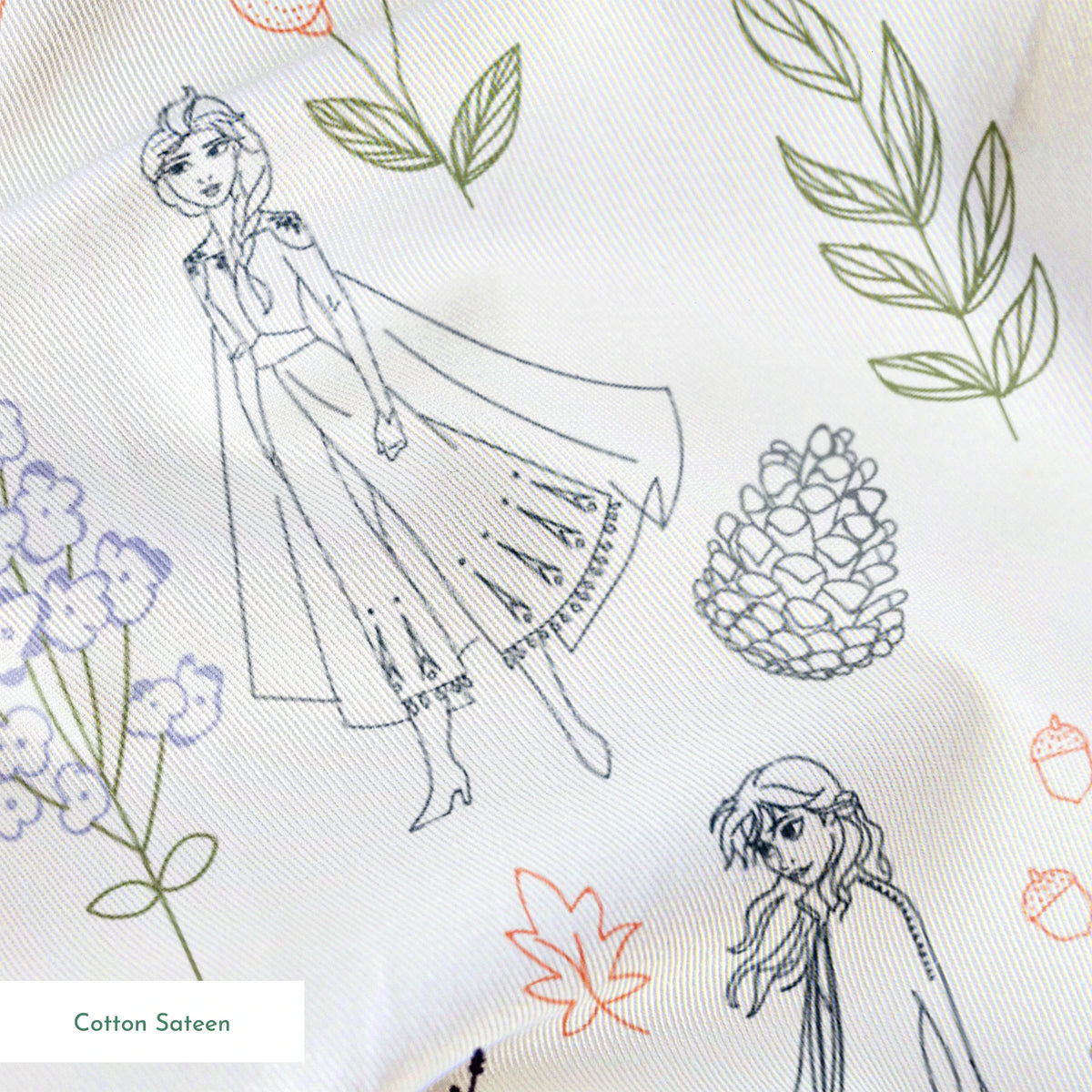 Delicate line drawing pattern of Elsa and Anna among botanical illustrations and flowers in soft colors springs sateen texture