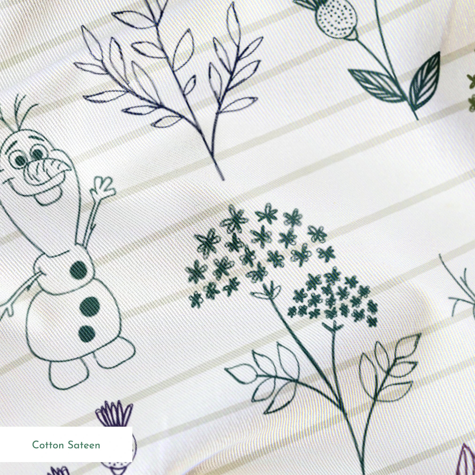 Pattern of sketched botanical elements, flowers, and Olaf on a lined background in soft greens and purples springs sateen texture