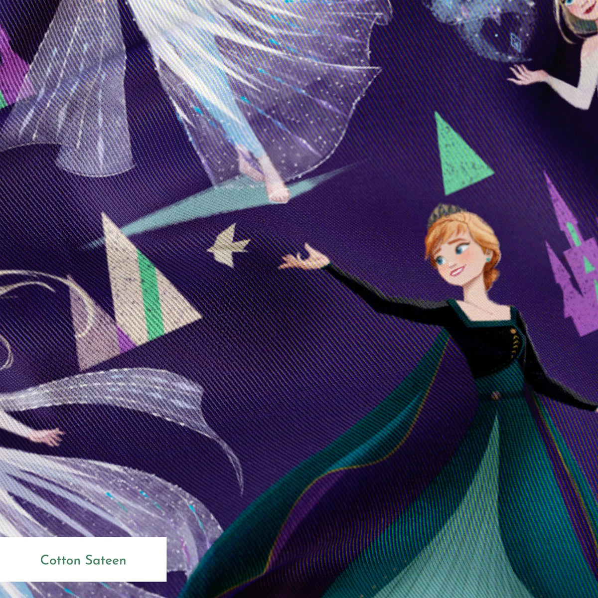 Frozen characters and ice castles on purple background, magical fantasy pattern springs sateen texture