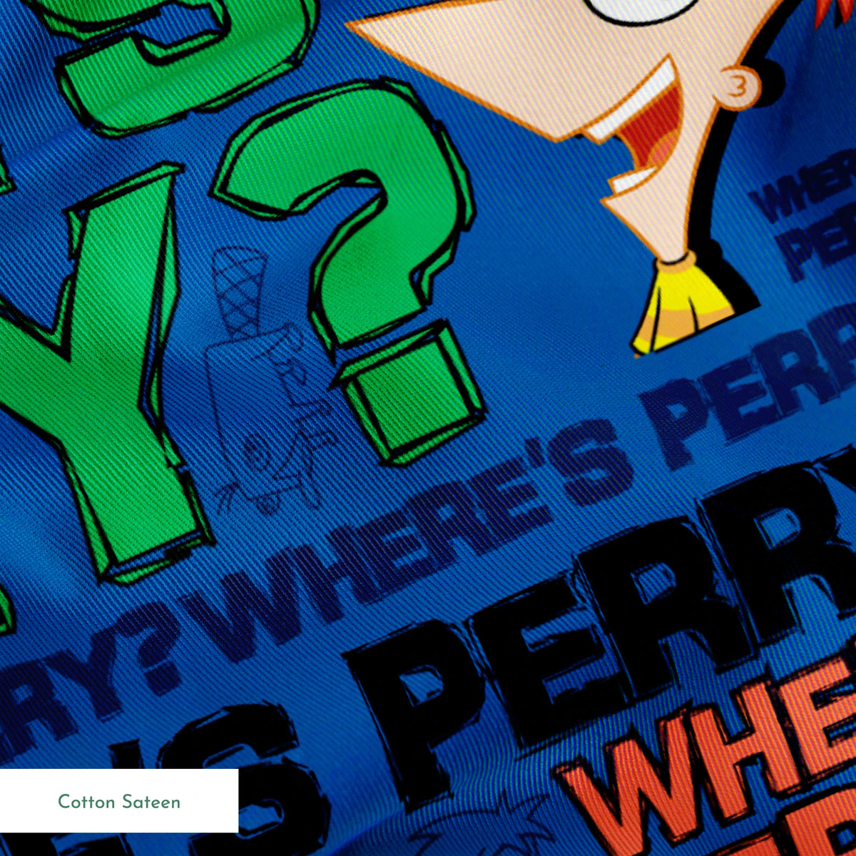 Phineas & Ferb pattern with "WHERE'S PERRY?" text repeated in various colors on blue background springs sateen texture