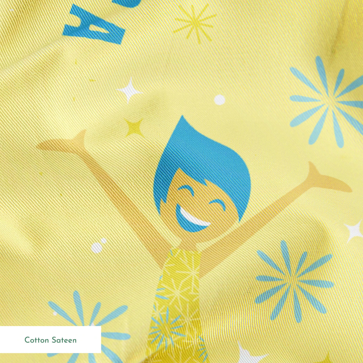 Cheerful Inside Out pattern with blue "IT'S A GREAT DAY!" text and decorative white accents springs sateen texture