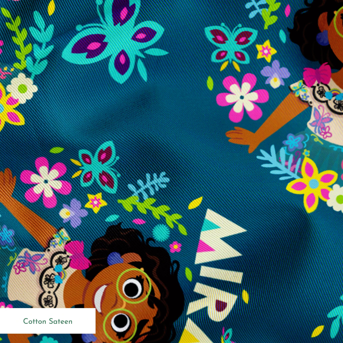 Colorful cartoon pattern on teal background featuring characters, butterflies, flowers, and "Mirabel" text in repeating design springs sateen texture