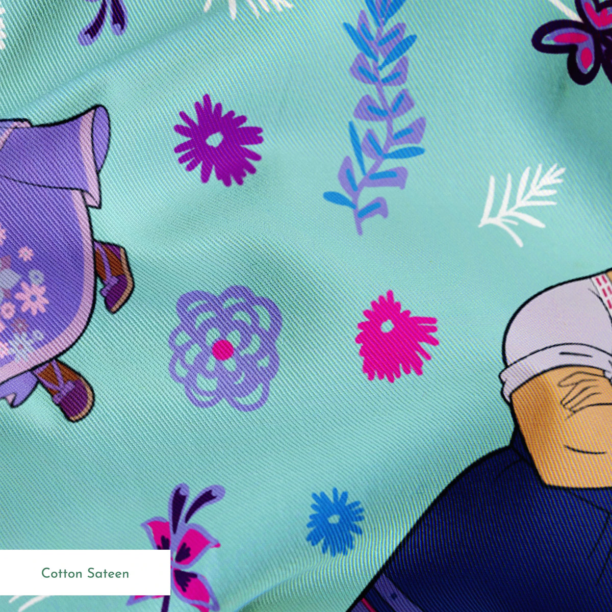 Colorful pattern with figures in traditional clothing, butterflies, and floral elements on teal background springs sateen texture