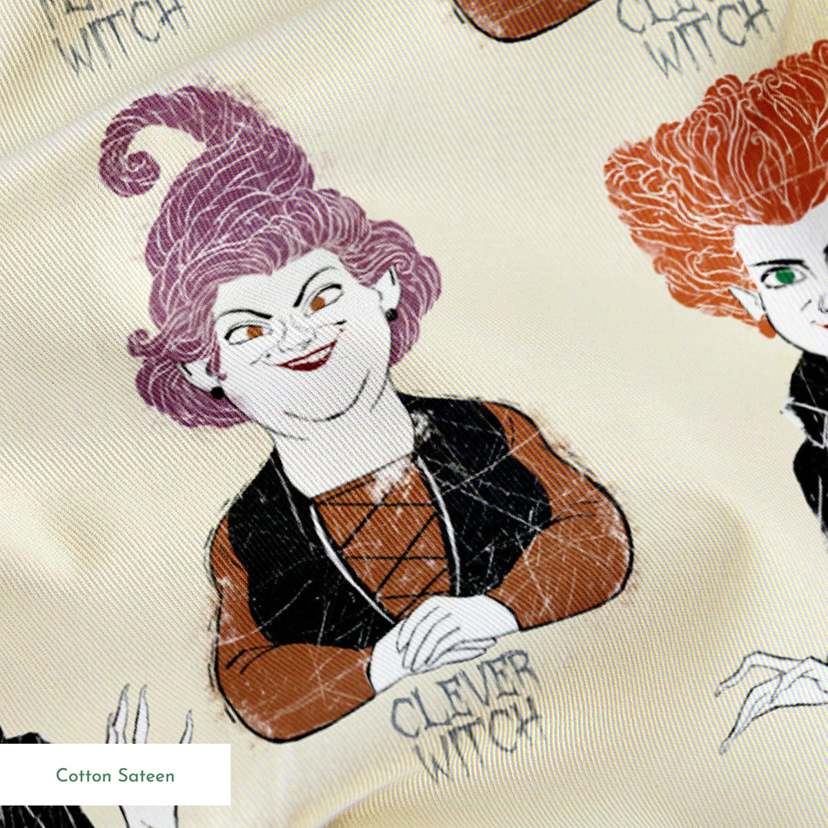 Pattern of illustrated witch characters with different styling - purple hat witch, green-dressed witch, and blonde witch with varying colors and poses springs sateen texture