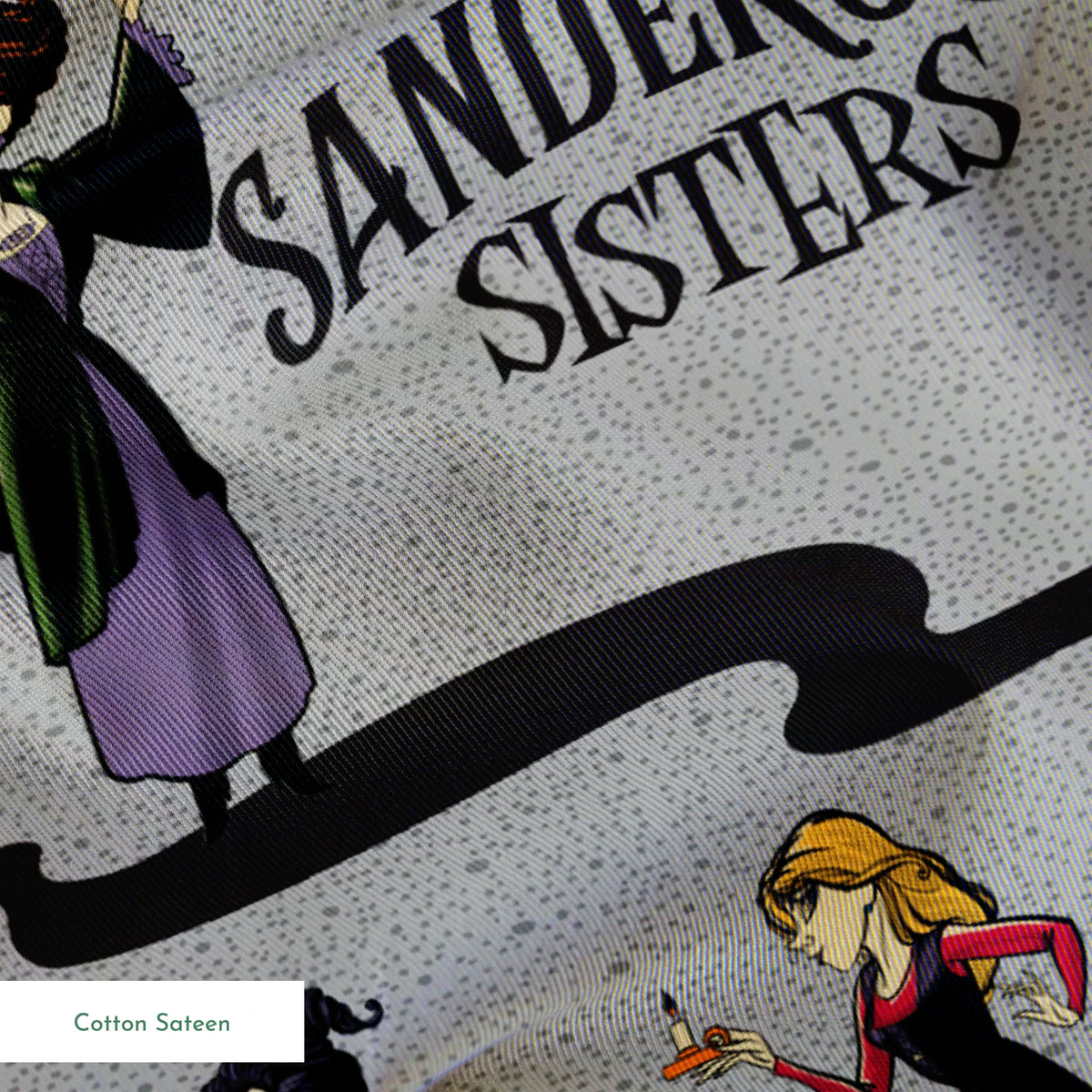 Sanderson Sisters pattern from Hocus Pocus with cartoon witches in purple and red dresses on gray background springs sateen texture
