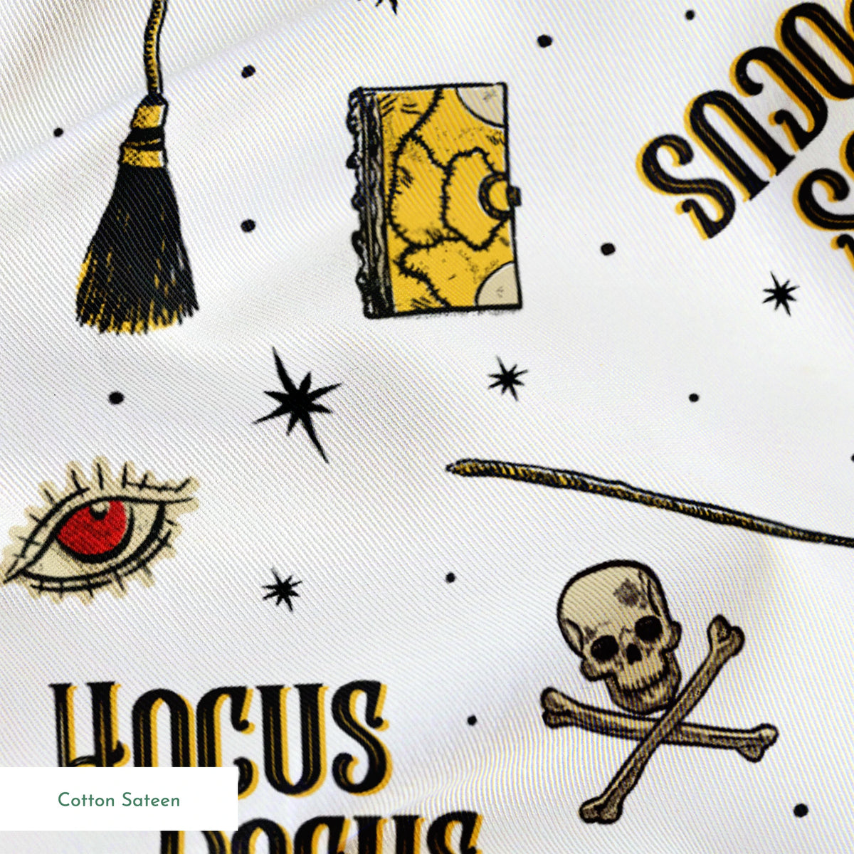 Repeating pattern of witchcraft items with "Hocus Pocus" text, cauldrons, brooms, and mystical symbols on white background springs sateen texture