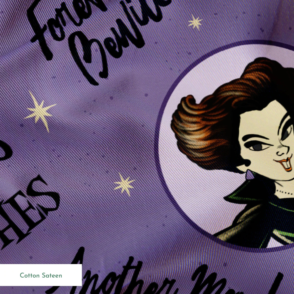 Purple background pattern with cartoon witches in circles, magical phrases and stars scattered throughout in black text springs sateen texture
