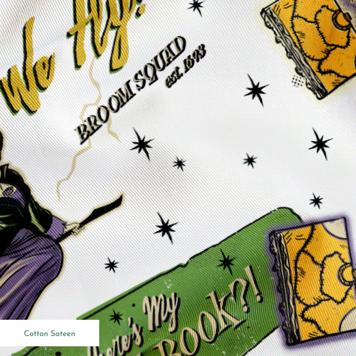 Halloween witch-themed pattern with spell books, cauldrons, brooms, stars, cats, potions and magical sayings on white background springs sateen texture