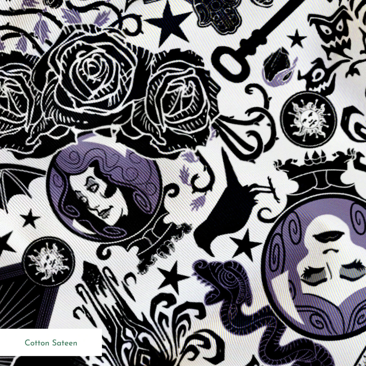 Gothic-inspired pattern with roses, medallions, ravens, and Victorian motifs in black and purple springs sateen texture