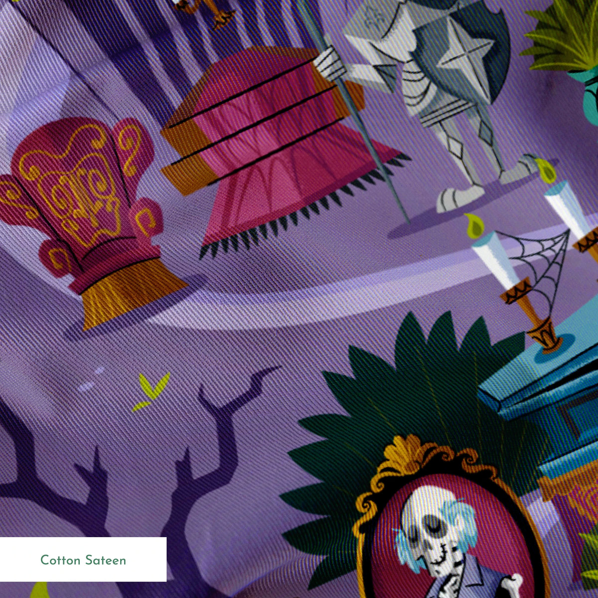 Colorful cartoon map of a spooky Halloween town with purple paths, ghosts, skeletons, and haunted houses. springs sateen texture