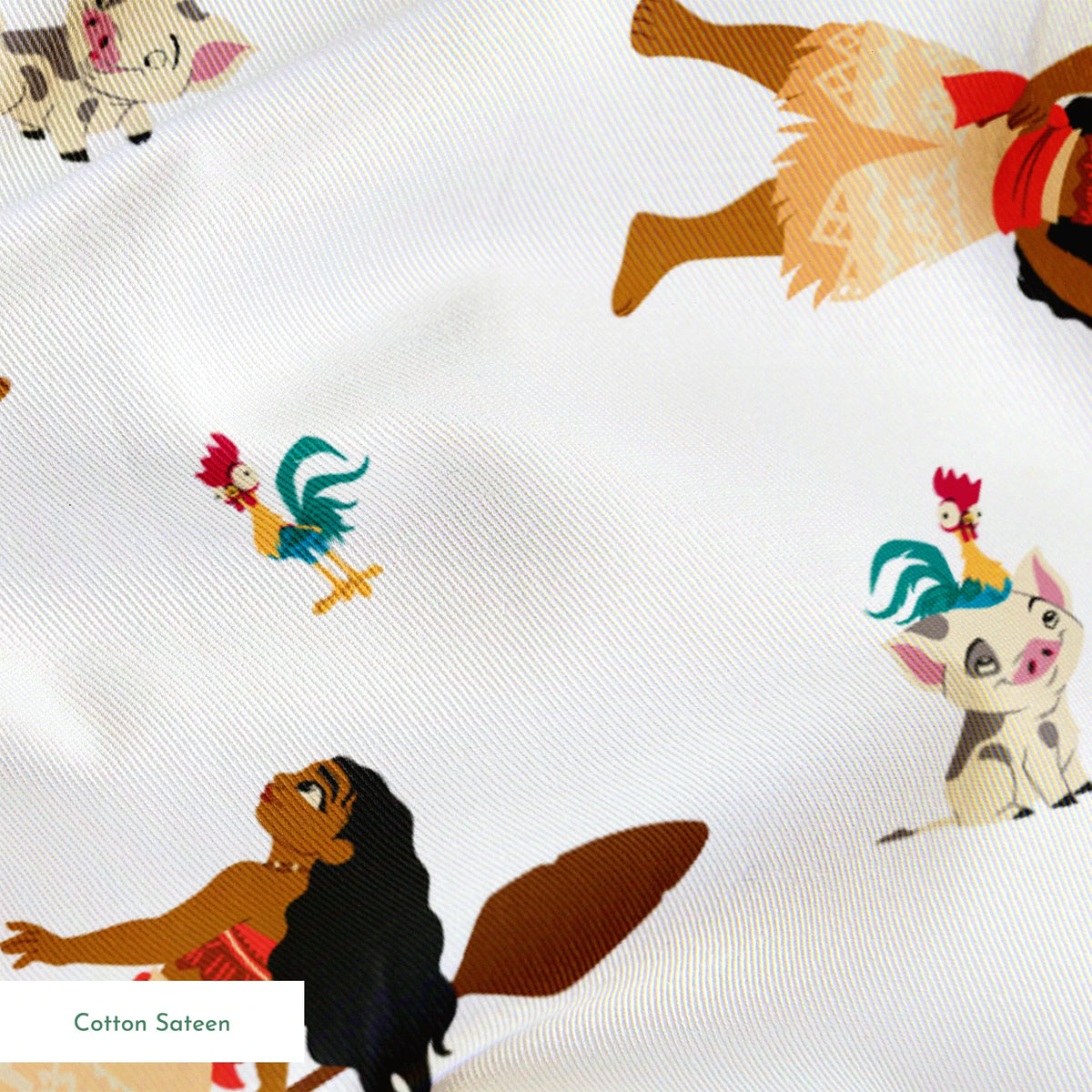 Moana pattern on white background with colorful cartoon animals in repeating design springs sateen texture