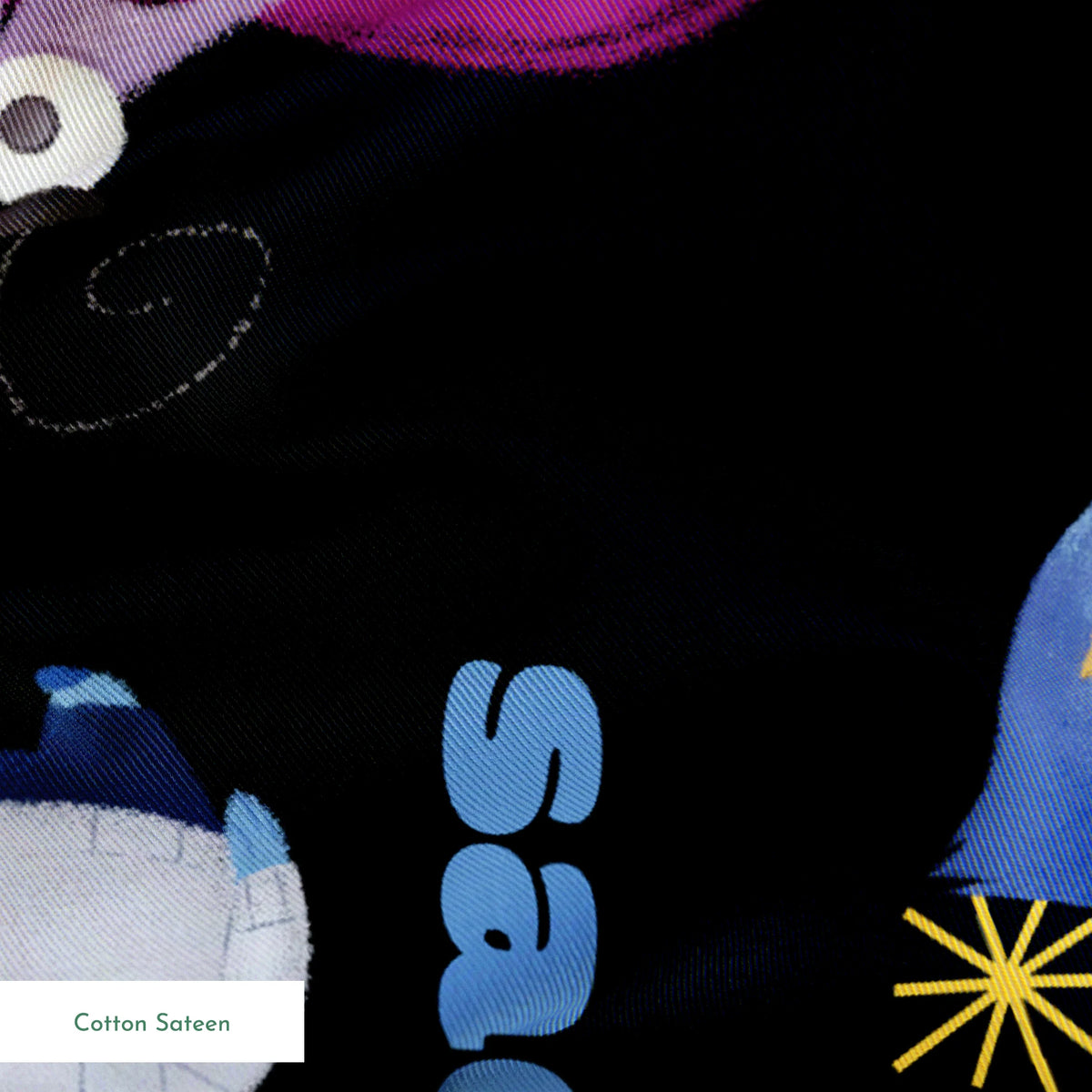 Colorful Pixar pattern on black background with Inside Out characters and emotion words like "Fear springs sateen texture