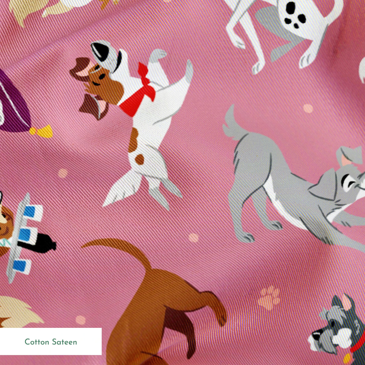 Colorful dog pattern with various cartoon breeds on pink background including dalmatians, terriers, and dachshunds springs sateen texture