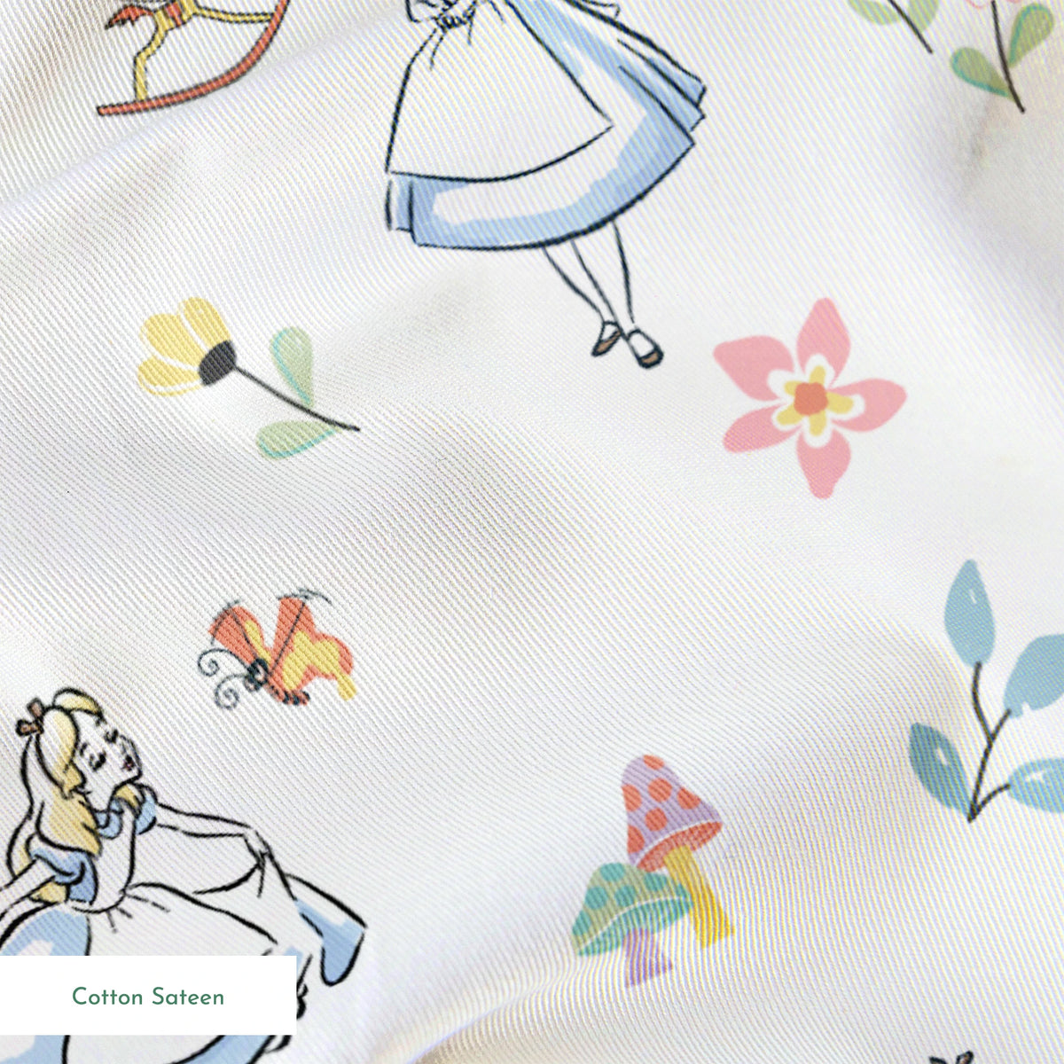 Whimsical pattern featuring character in blue dress with flowers, mushrooms, and rocking horse springs sateen texture