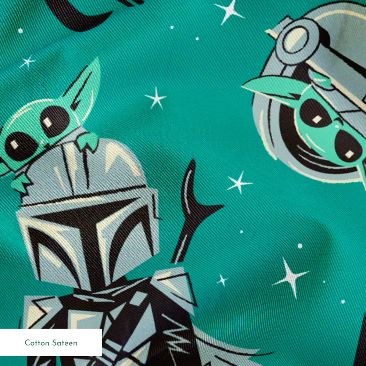 Cartoon-style Star Wars pattern with Baby Yoda and Mandalorian figures on teal background with stars springs sateen texture