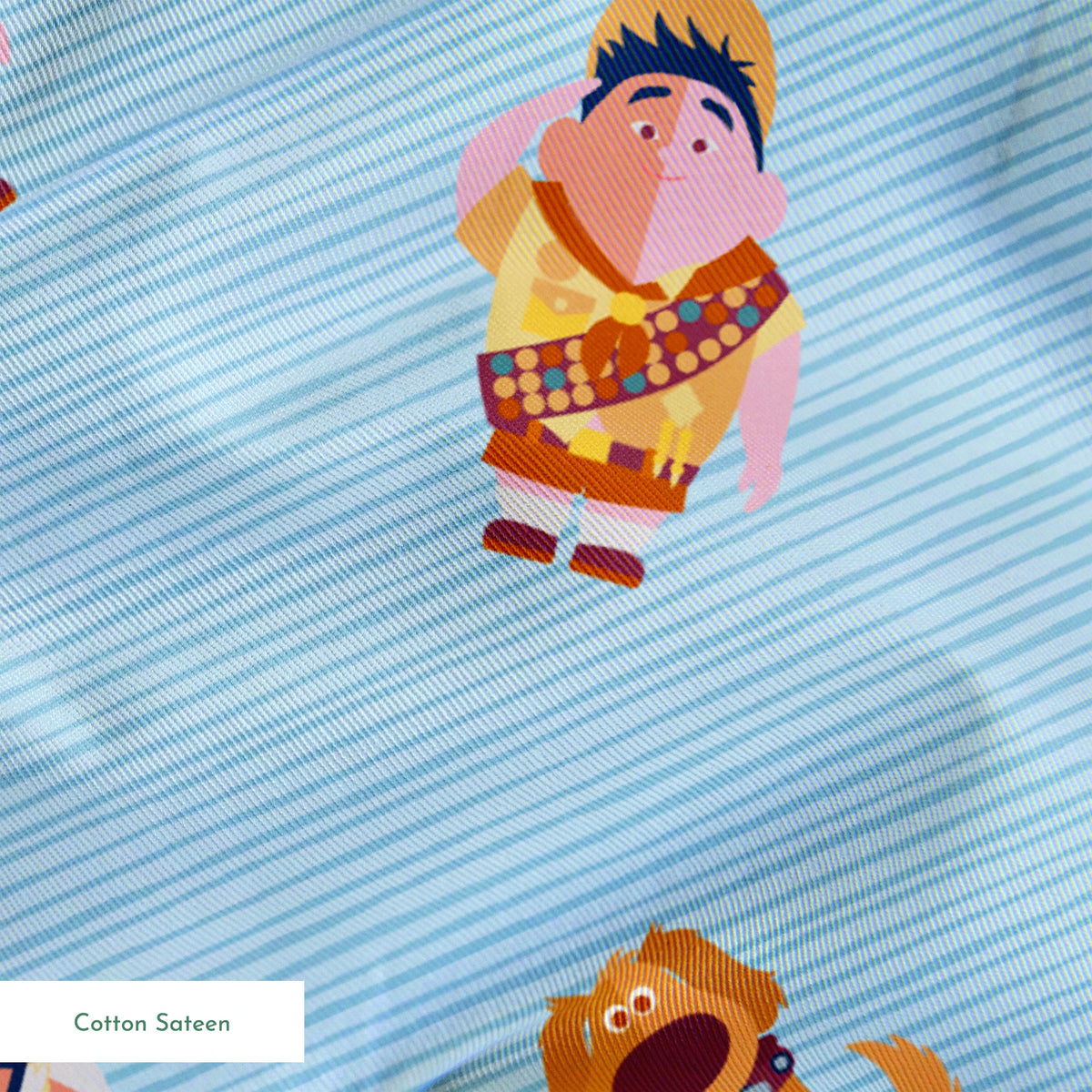 Cartoon characters from Up movie pattern on light blue striped background, featuring colorful illustrations springs sateen texture