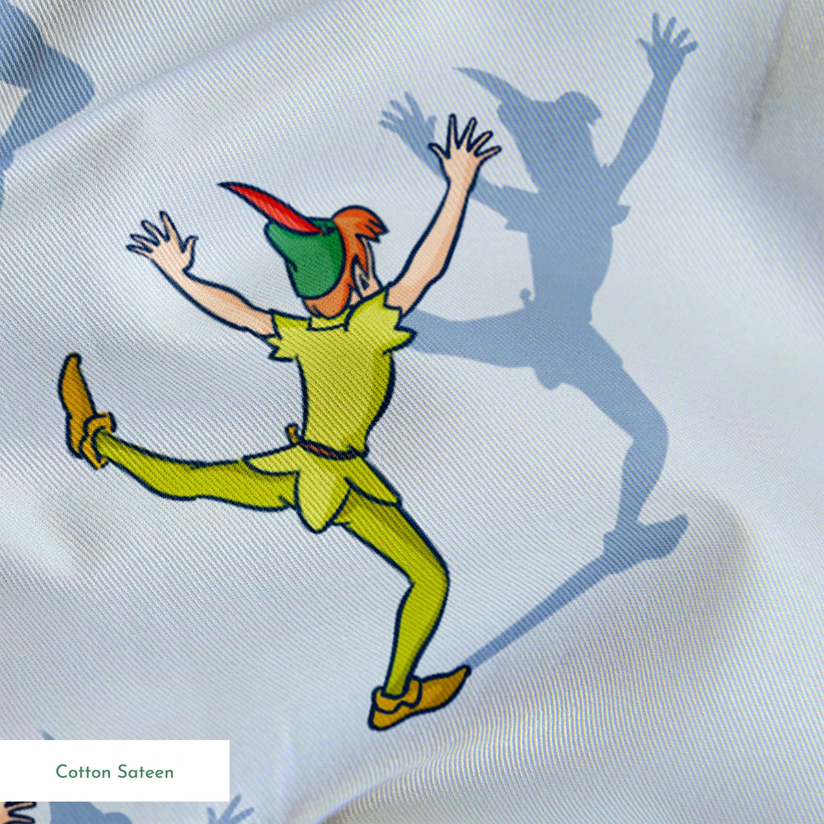 Colorful cartoon figures in bright green outfits with red accents dancing against a light blue background with shadows springs sateen texture