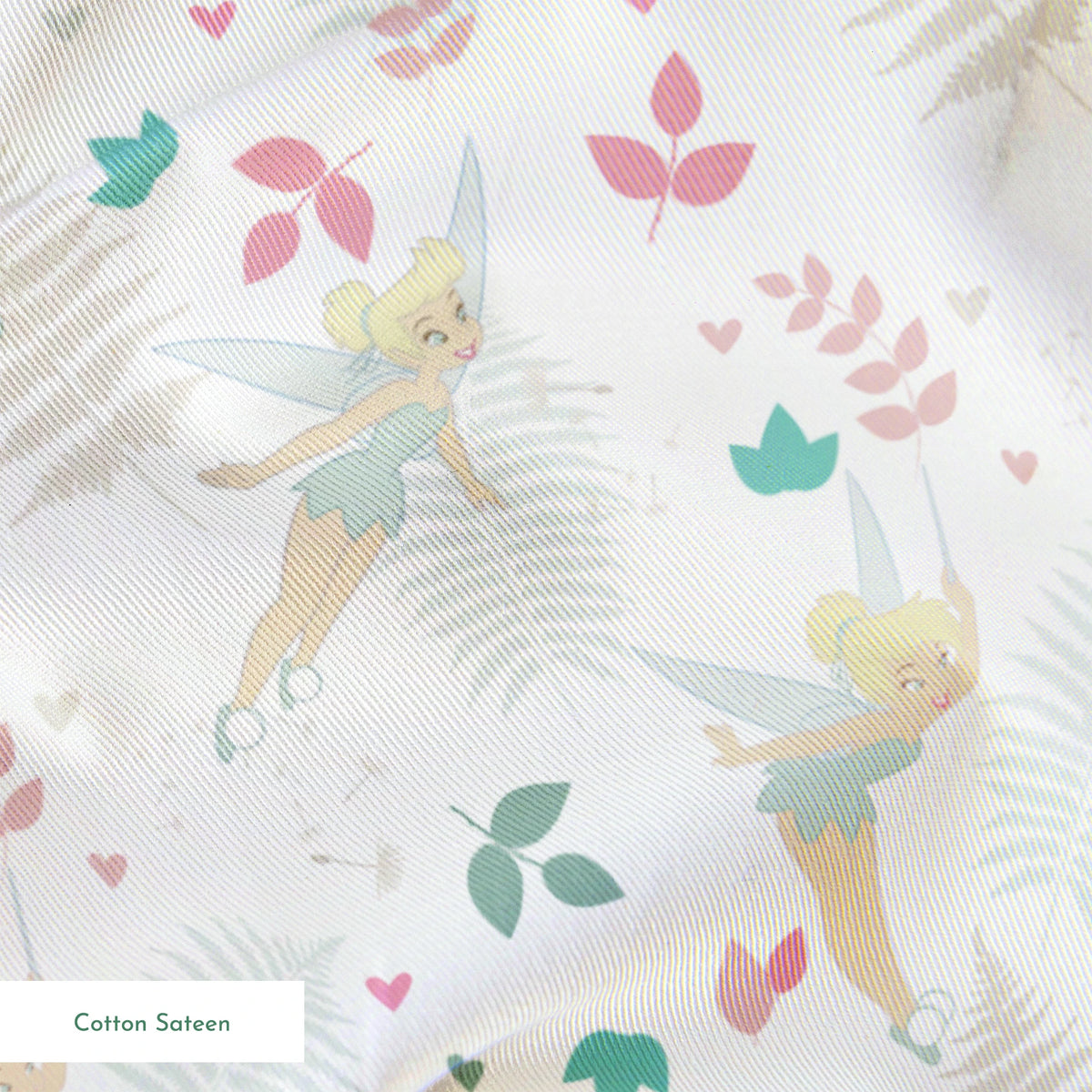 Whimsical pattern with Tinker Bell, white ferns, pink and teal foliage on light background springs sateen texture