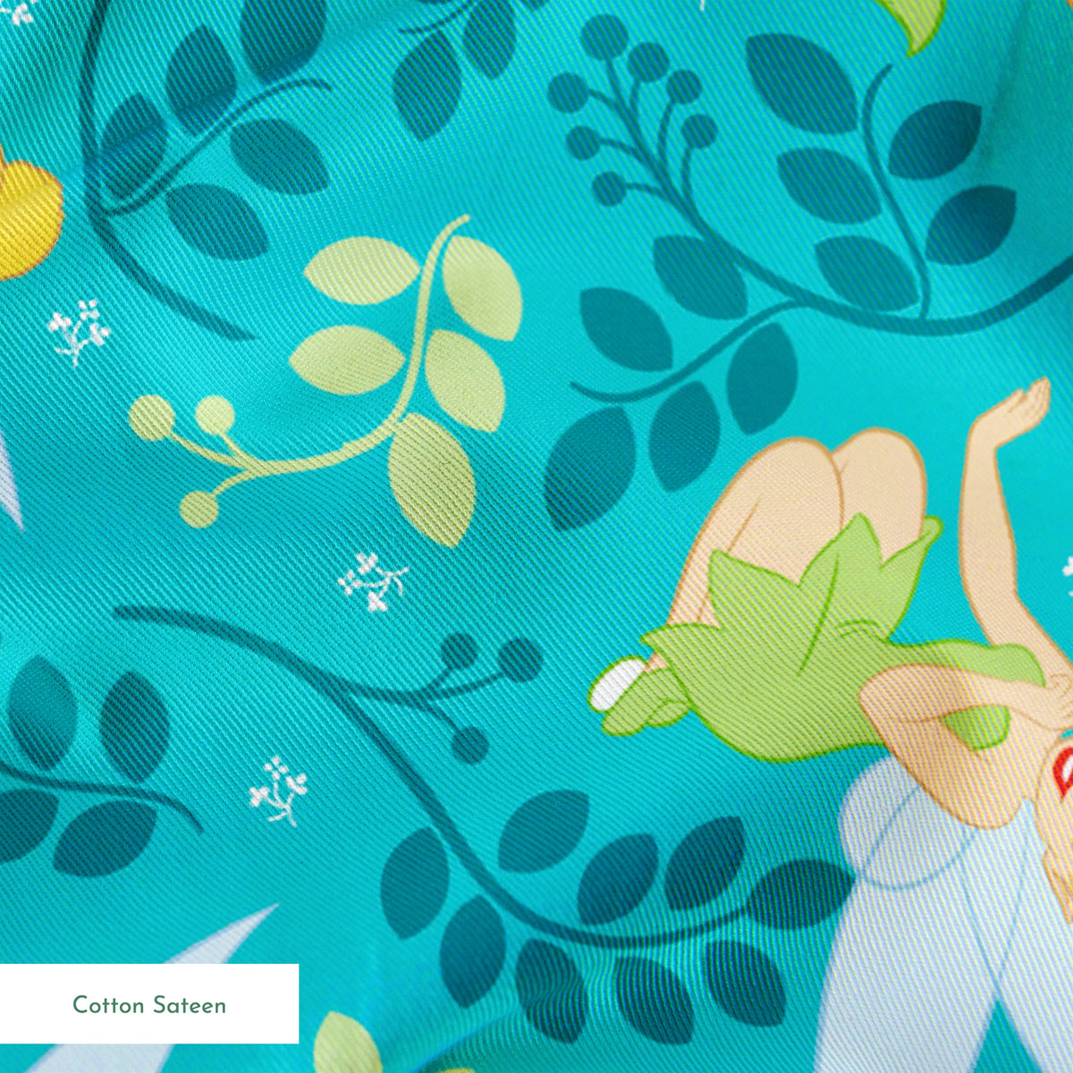 A whimsical pattern featuring Tinker Bell against a teal background with decorative green foliage and yellow accents. springs sateen texture