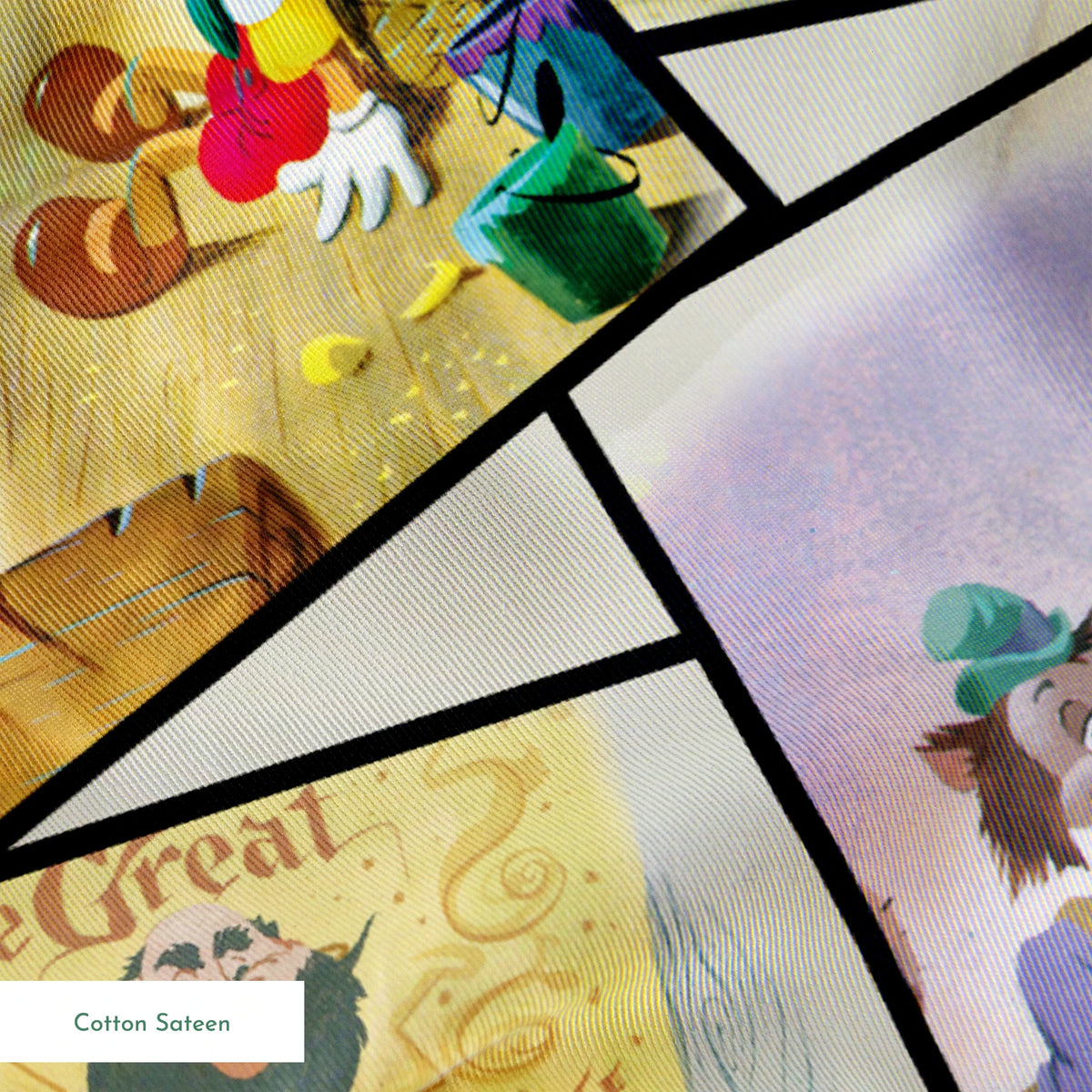 Colorful collage of Pinocchio scenes showing the wooden puppet, Geppetto, and other characters from the classic fairy tale. springs sateen texture