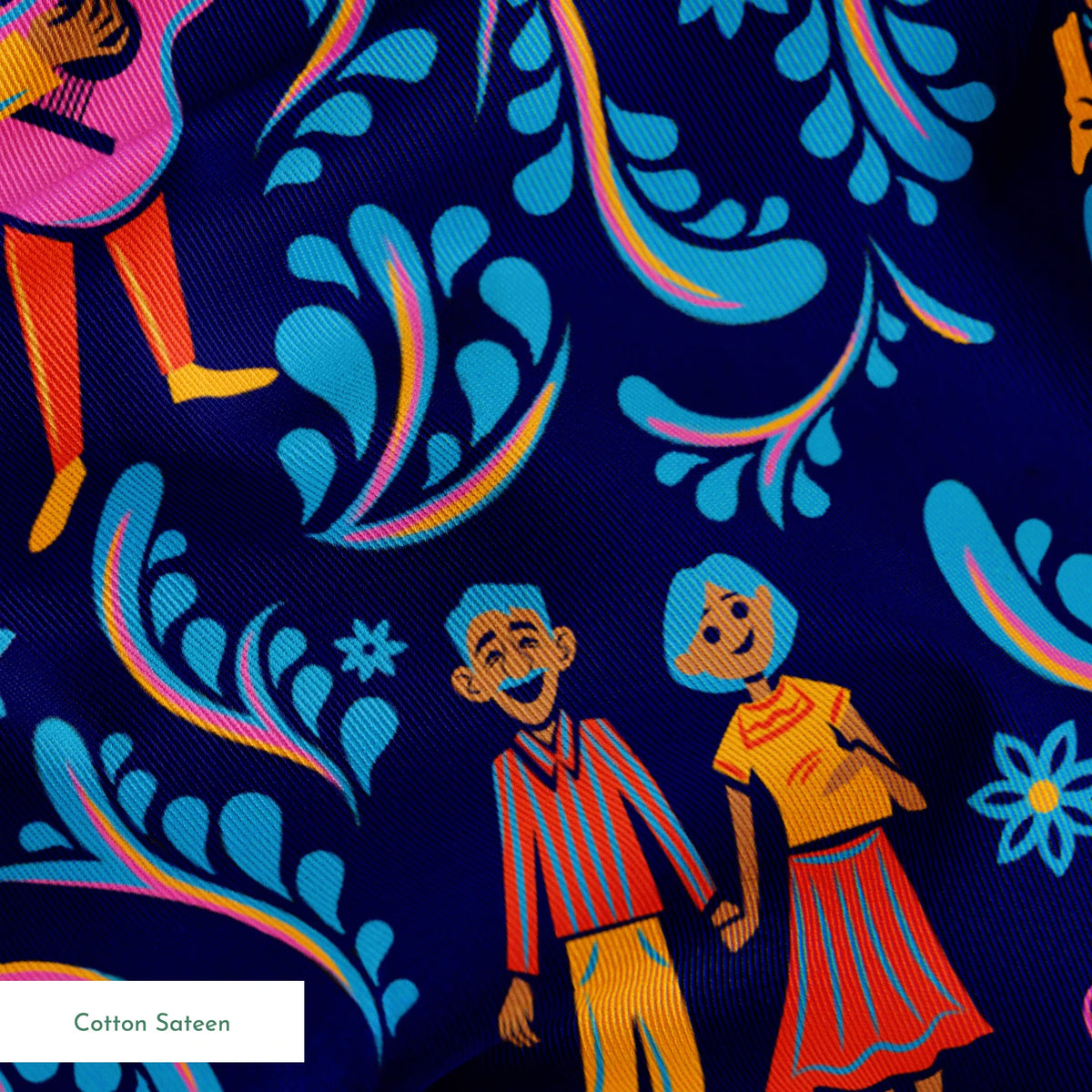 Colorful Coco folk art pattern with figures playing guitars, dancing, and blue skulls on dark background springs sateen texture