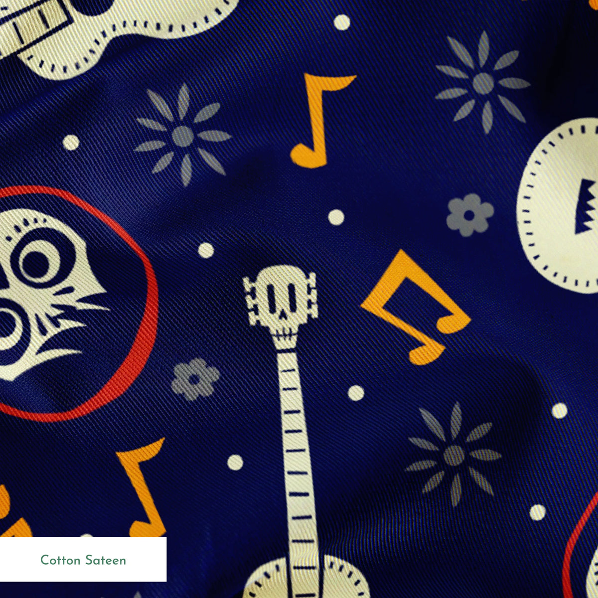 Coco dark blue pattern with white acoustic guitars, decorative skulls, orange musical notes, and circular designs scattered across a starry background. springs sateen texture