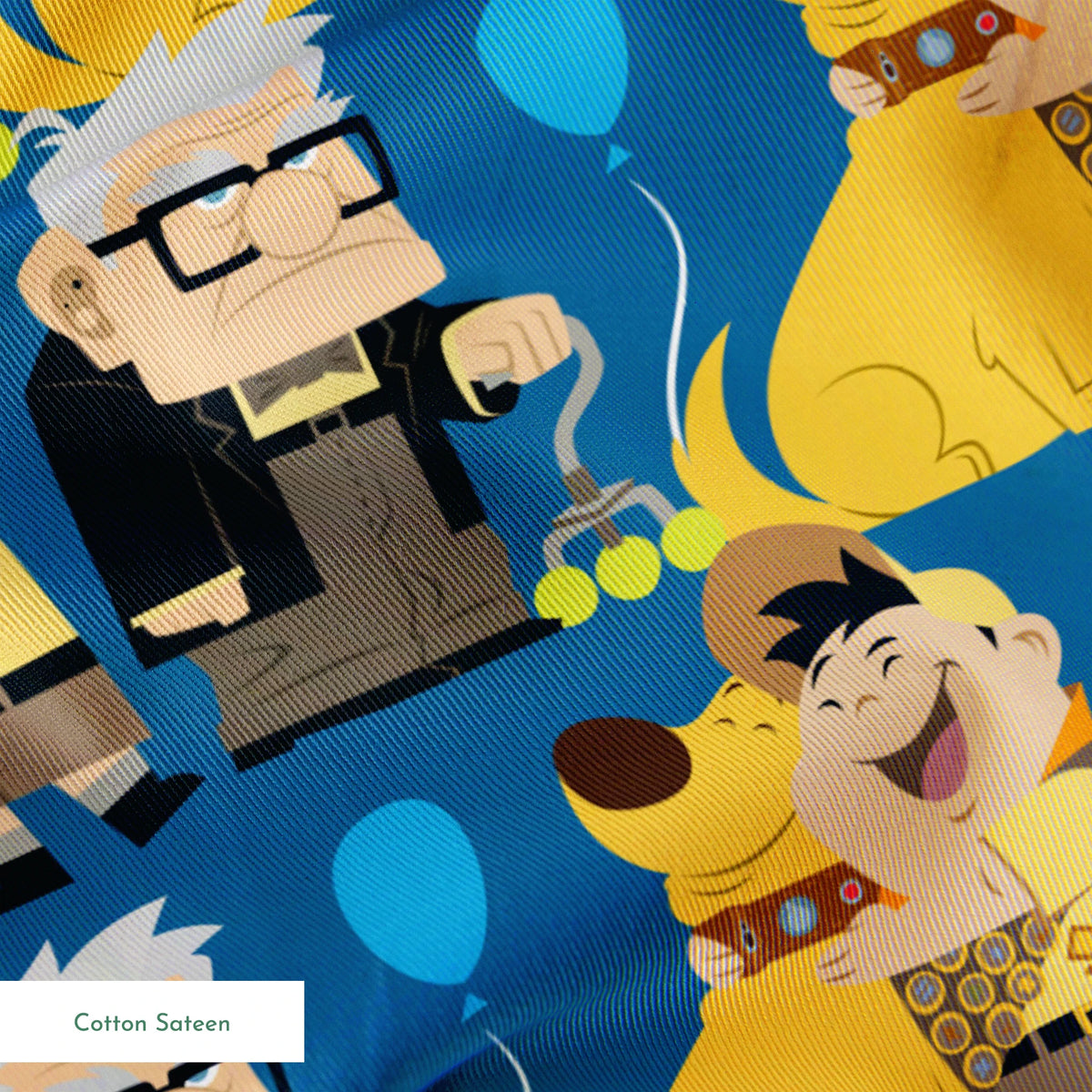Cartoon pattern featuring characters from Pixar's "Up" with blue balloons, yellow dogs, and scouts springs sateen texture