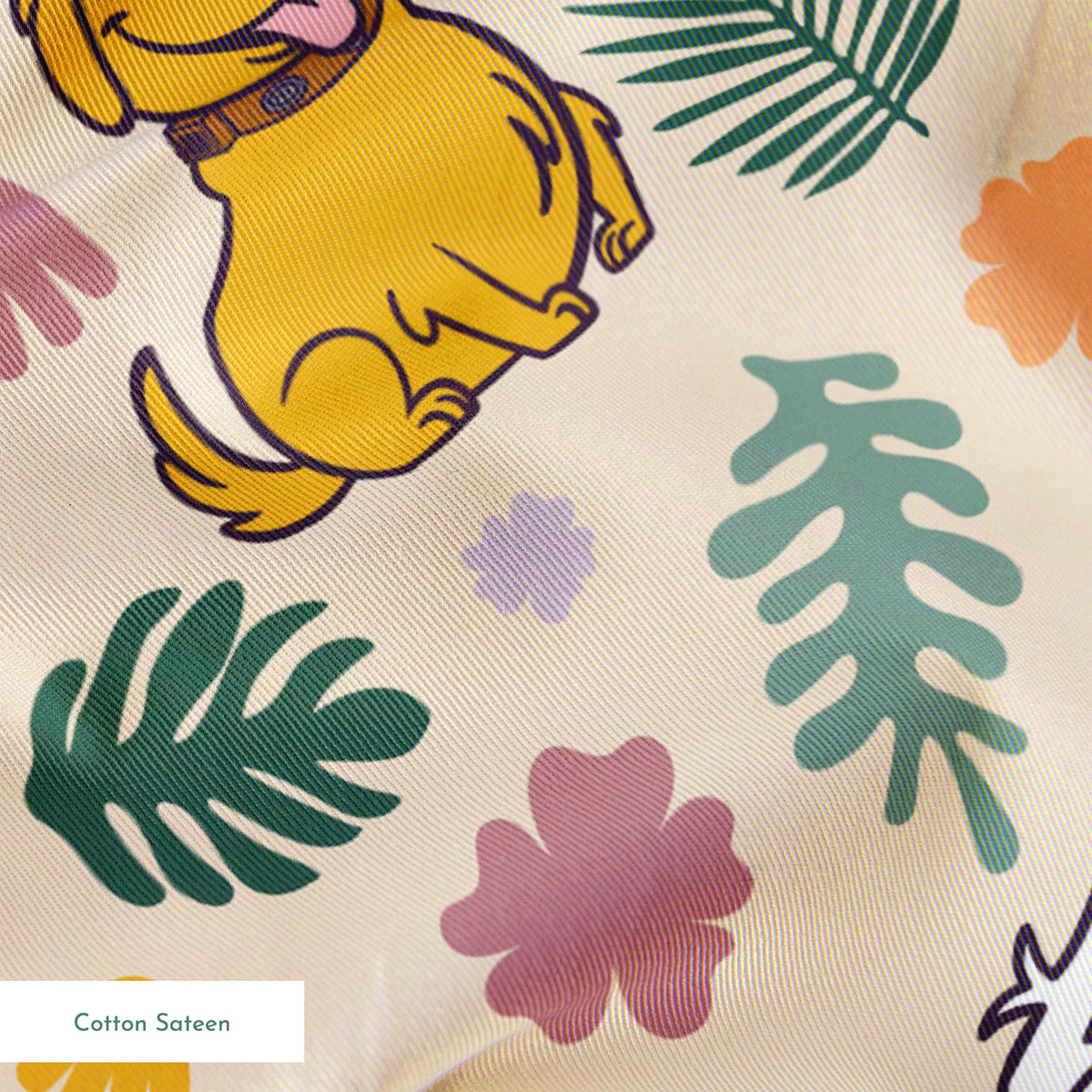 Whimsical cartoon pattern with colorful characters from Pixar's "Up" against floral background springs sateen texture