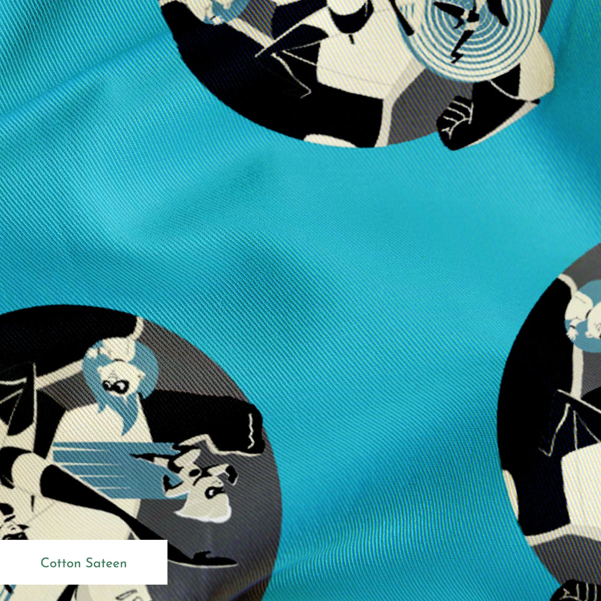 Repeating circular pattern of The Incredibles characters in gray circles on light blue background springs sateen texture