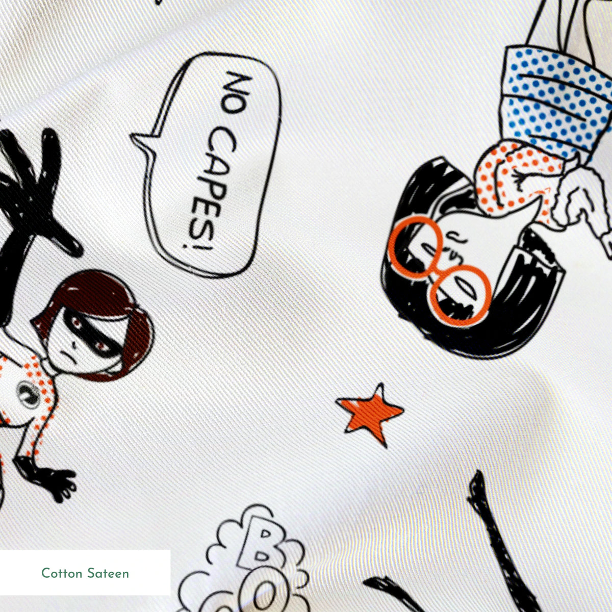The Incredibles in dynamic poses with comic book sound effects like "KA-POW" on white background with orange stars springs sateen texture