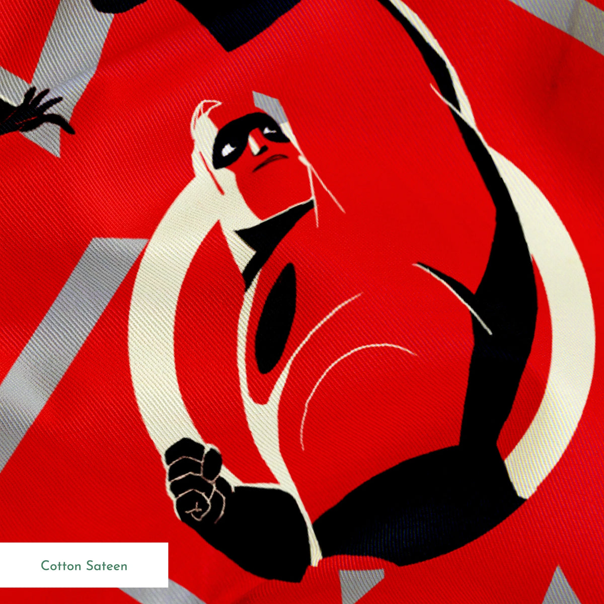 Stylized Incredibles characters in red, black and white with a dynamic pose against spiral background pattern. springs sateen texture