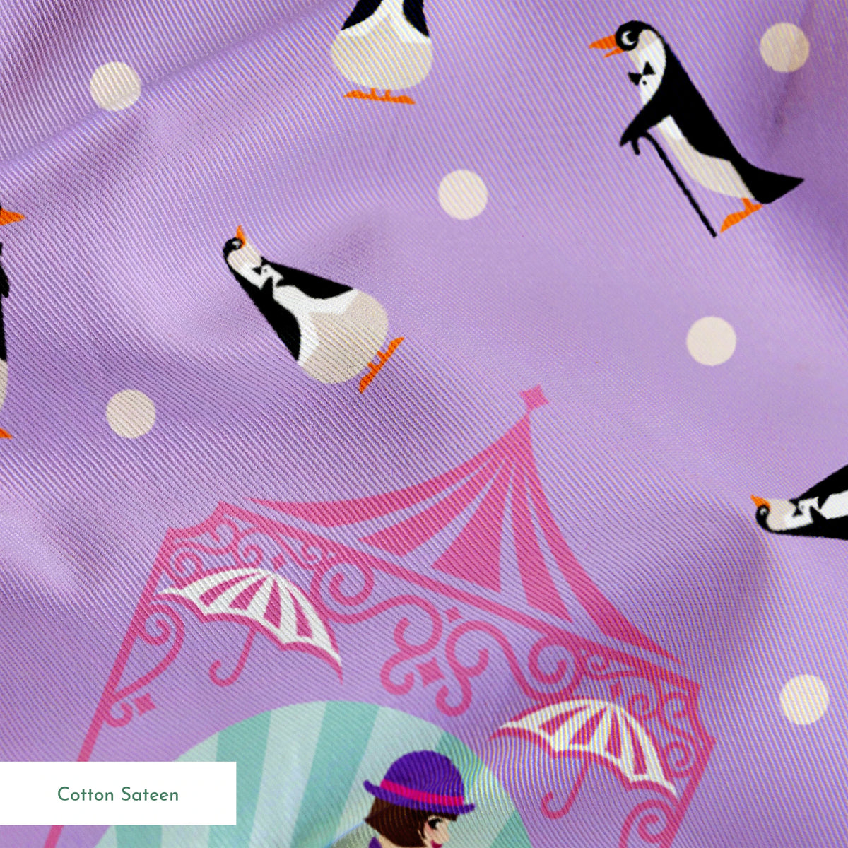 Playful pattern of penguins, Mary Poppins, and purple umbrellas on lavender background with white polka dots springs sateen texture
