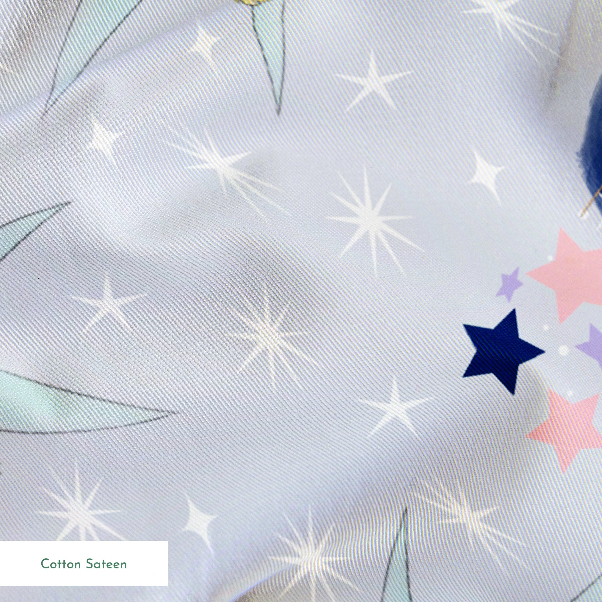 Tinker Bell pattern with the iconic fairy flying around blue moons and stars on a light gray background springs sateen texture