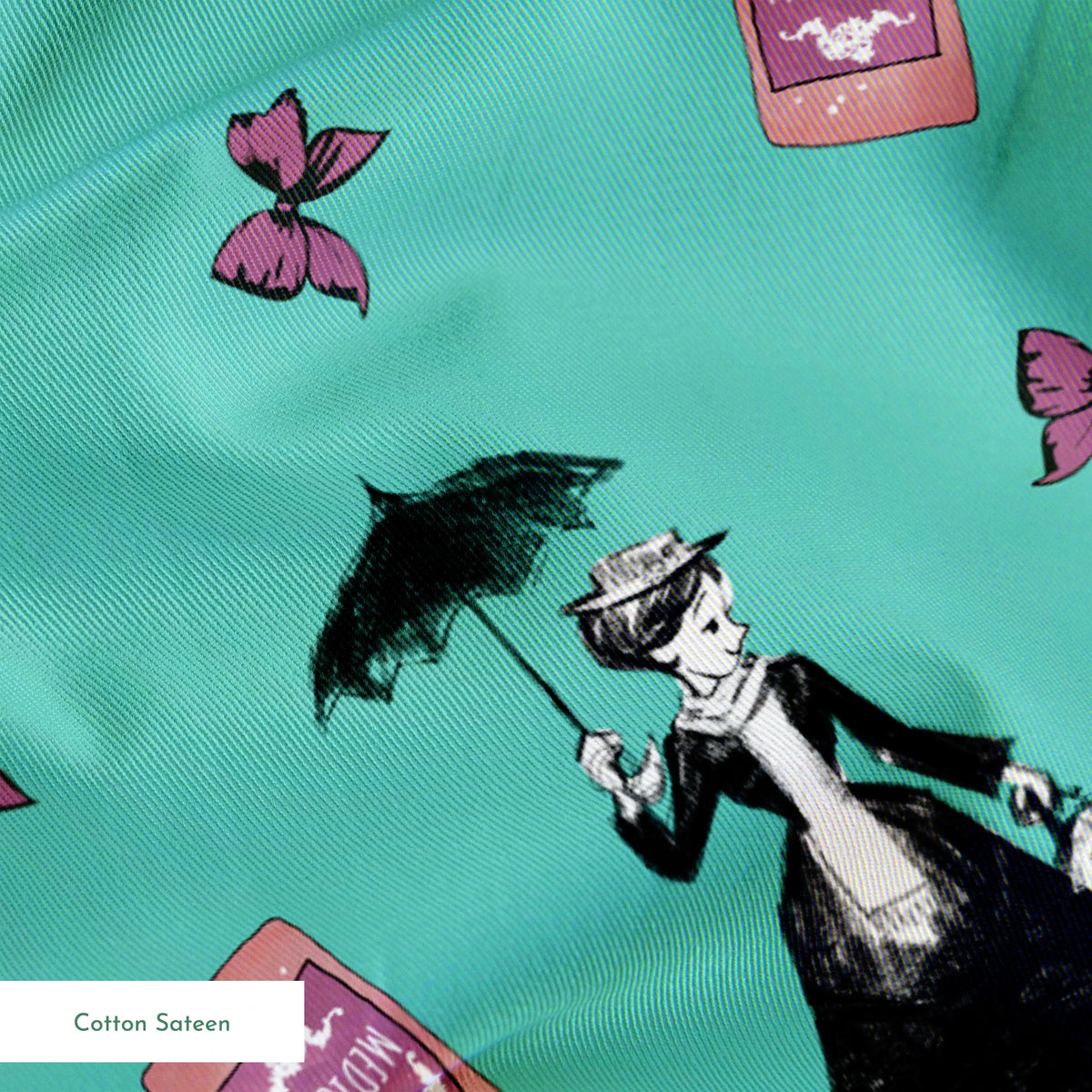 Whimsical illustration pattern with Mary Poppins holding umbrella, pink bottles, and purple butterflies on mint green background. springs sateen texture