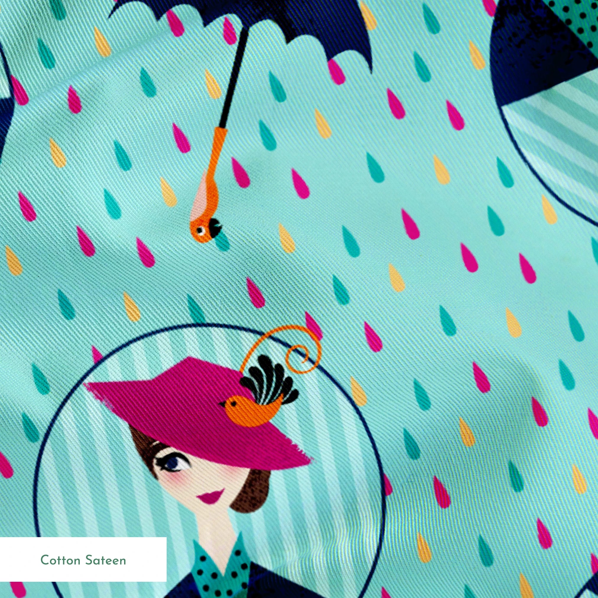 Colorful rainy pattern with Mary Poppins holding umbrellas in circular frames on turquoise background with pink raindrops springs sateen texture