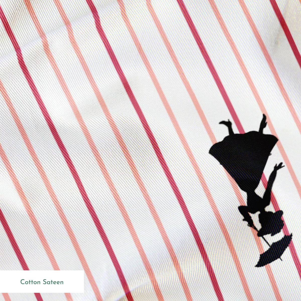 Mary Poppins silhouette figures on white background with thin pink vertical stripes springs sateen texture