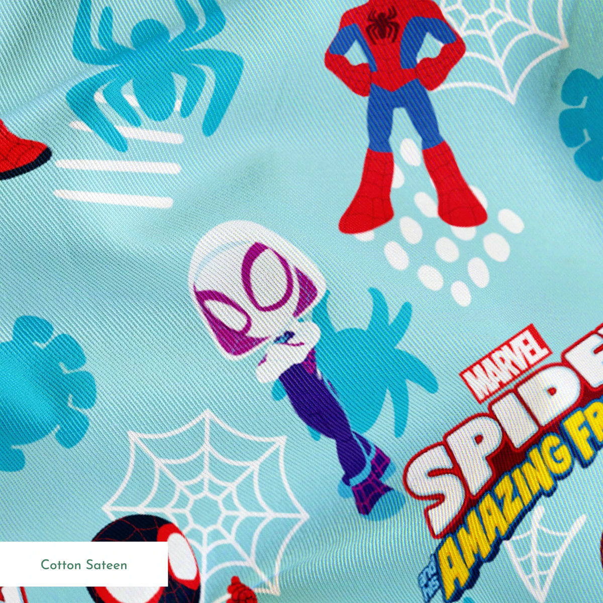 Marvel Spider-Man cartoon characters on blue background with spider webs and logos, featuring different Spider-Man costume variants. springs sateen texture