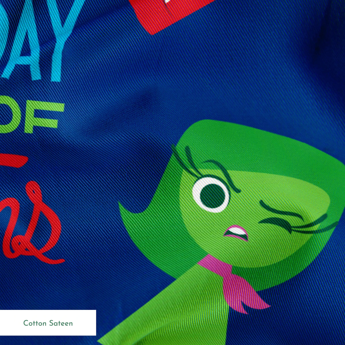 Colorful cartoon character pattern on blue background with characters from Inside Out movie and text phrases springs sateen texture
