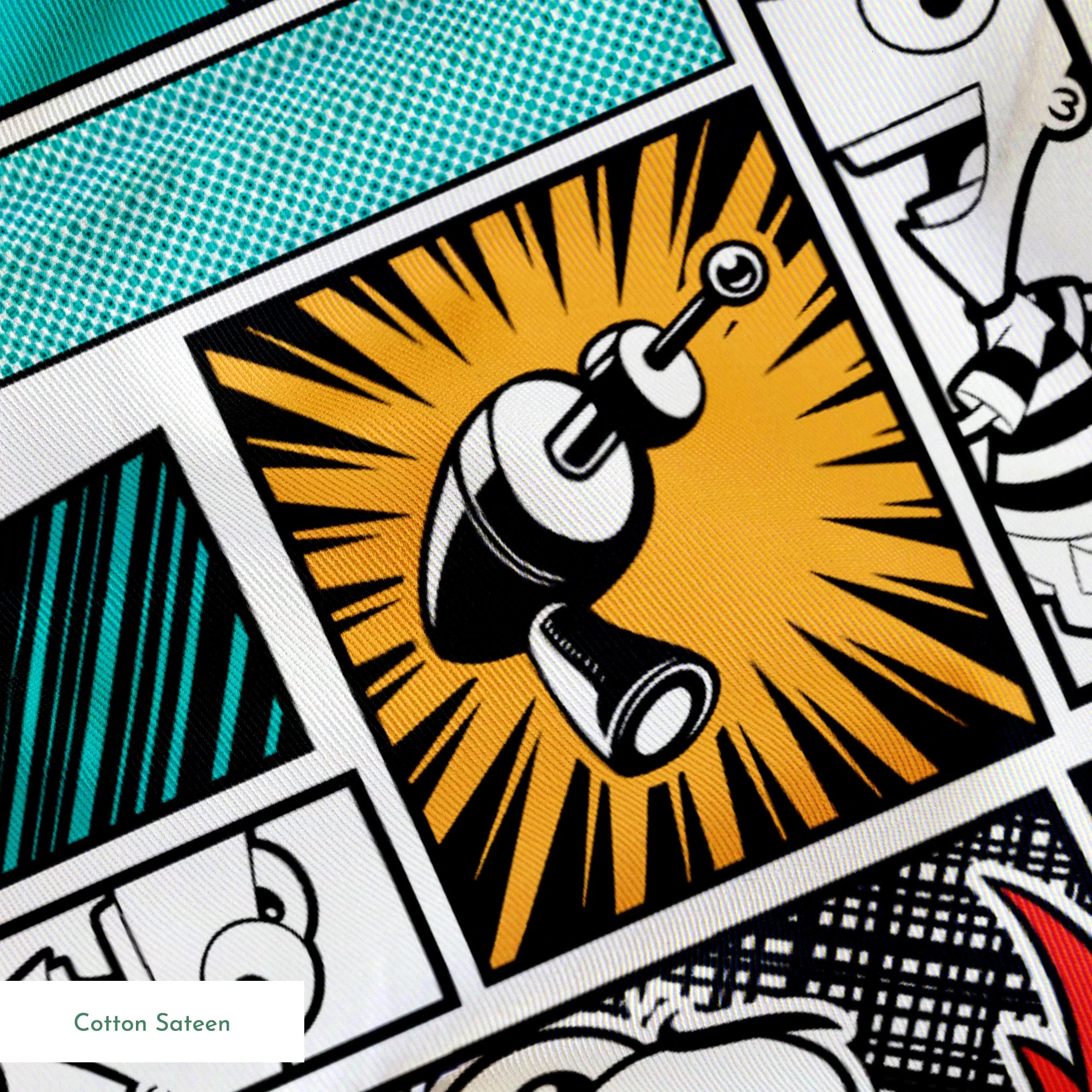 Comic book style pattern with colorful panels featuring sound effects like POW, BANG, and WHAM on red, blue, and black backgrounds springs sateen texture