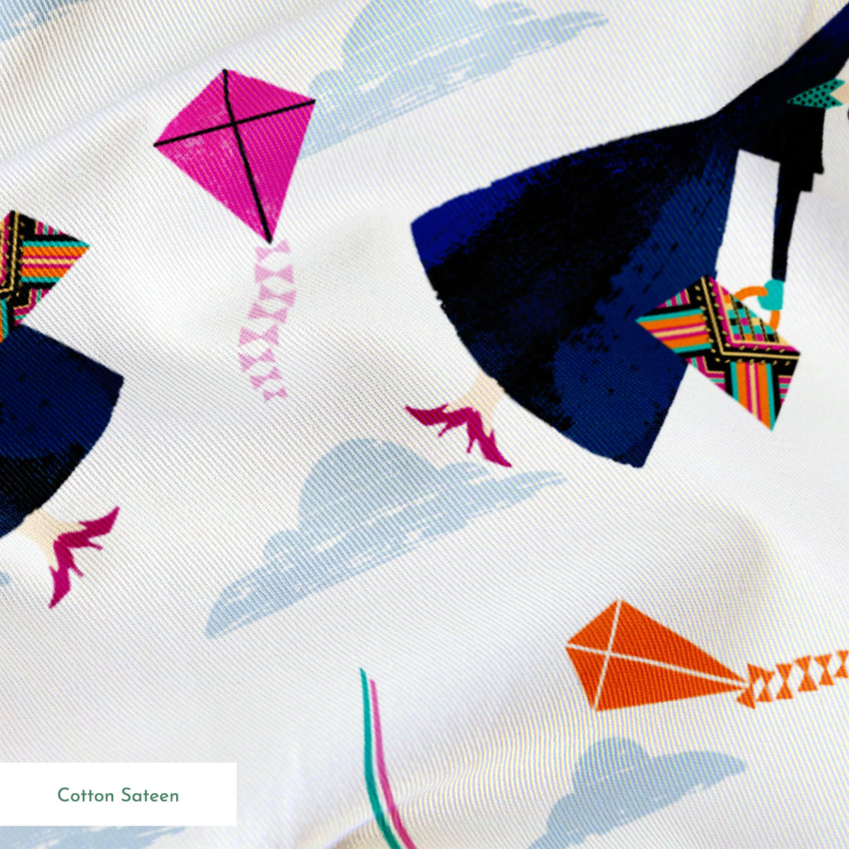 Colorful kites in orange, pink, and green along with Mary Poppins flying in a cloudy blue sky springs sateen texture