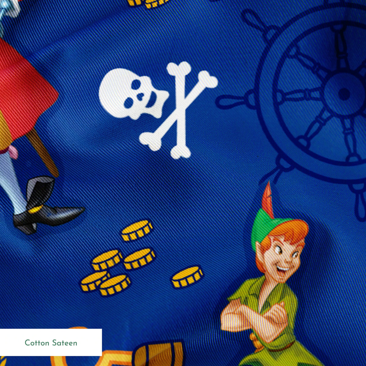 Pirate-themed pattern with captains, treasure chests, hooks, and skull symbols on blue background springs sateen texture
