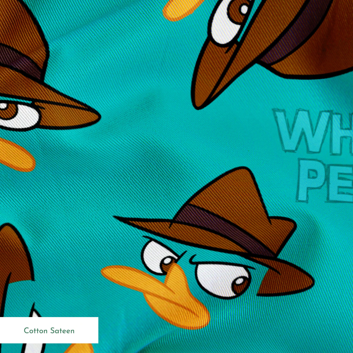 Pattern of cartoon character faces with brown fedora hats on teal background with "Where's Perry" text springs sateen texture