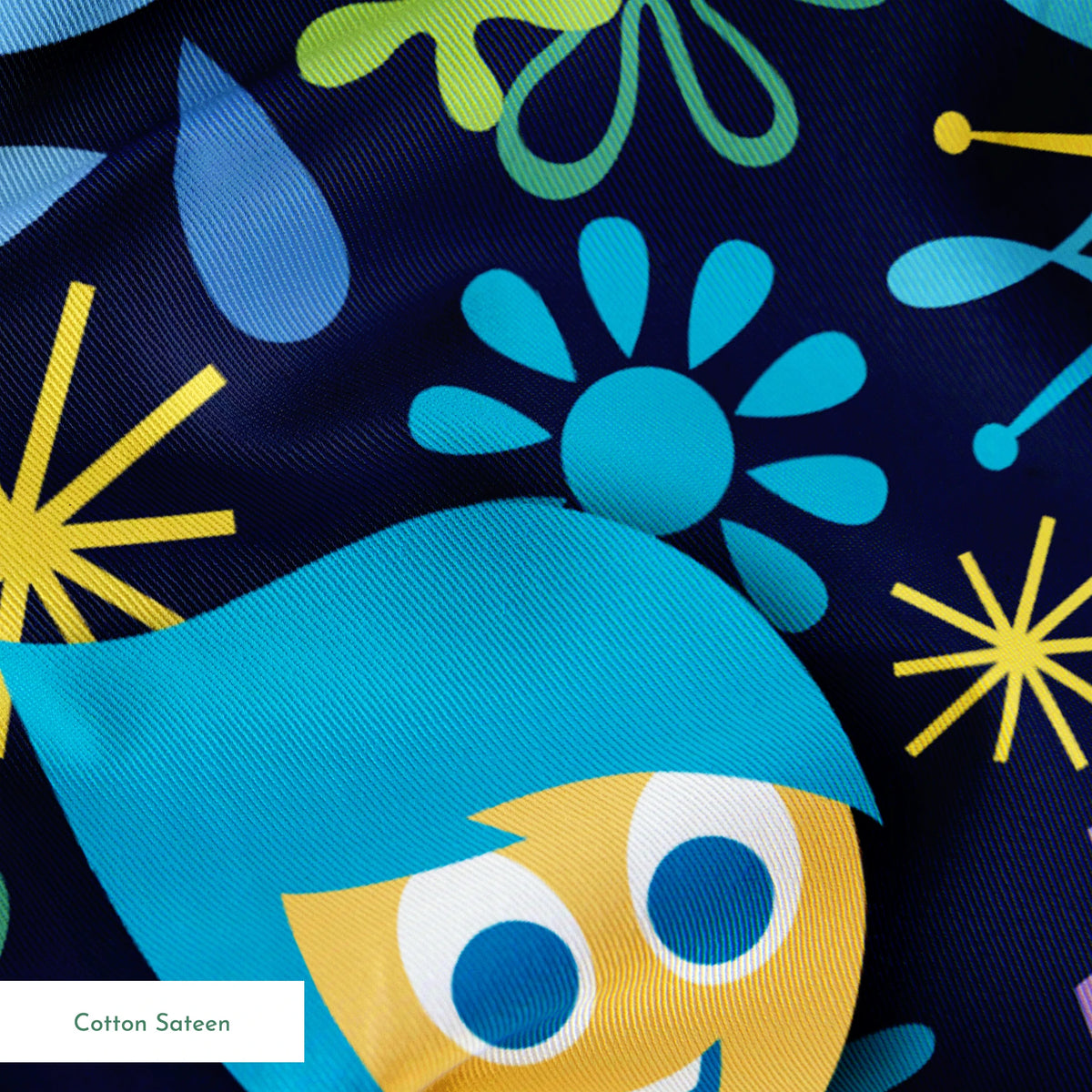 Colorful Inside Out characters with blue, red, green faces and abstract shapes on dark background springs sateen texture