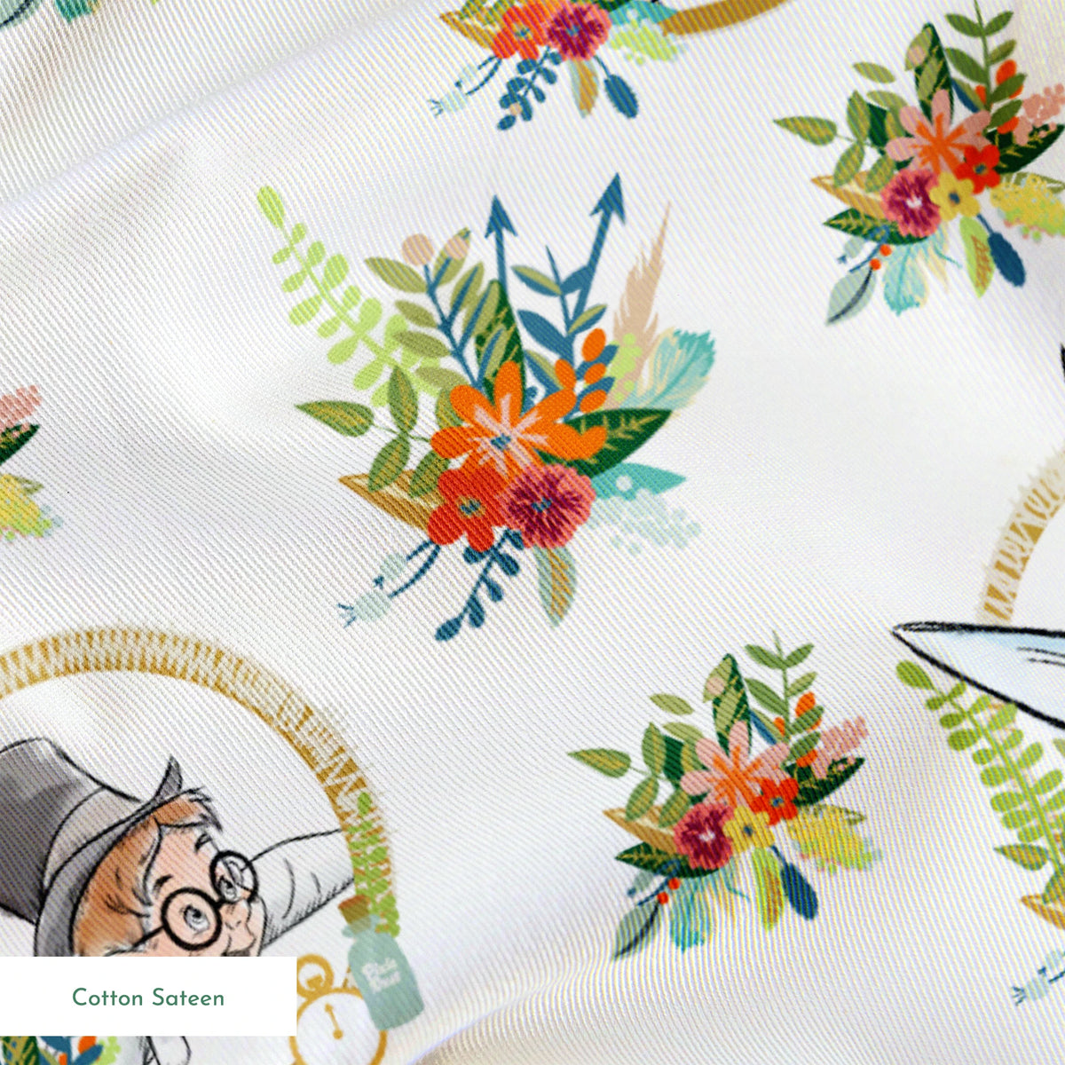 Illustrated pattern featuring cartoon characters in gold circles with colorful floral arrangements springs sateen texture