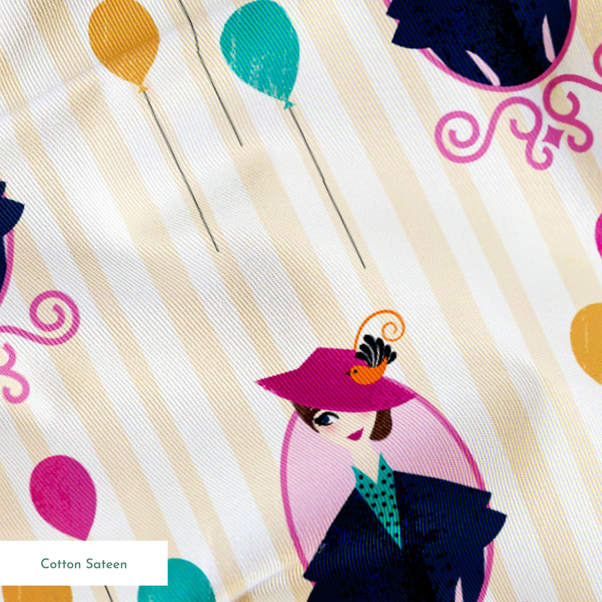 Mary Poppins displayed in decorative frames with colorful balloons against striped background springs sateen texture