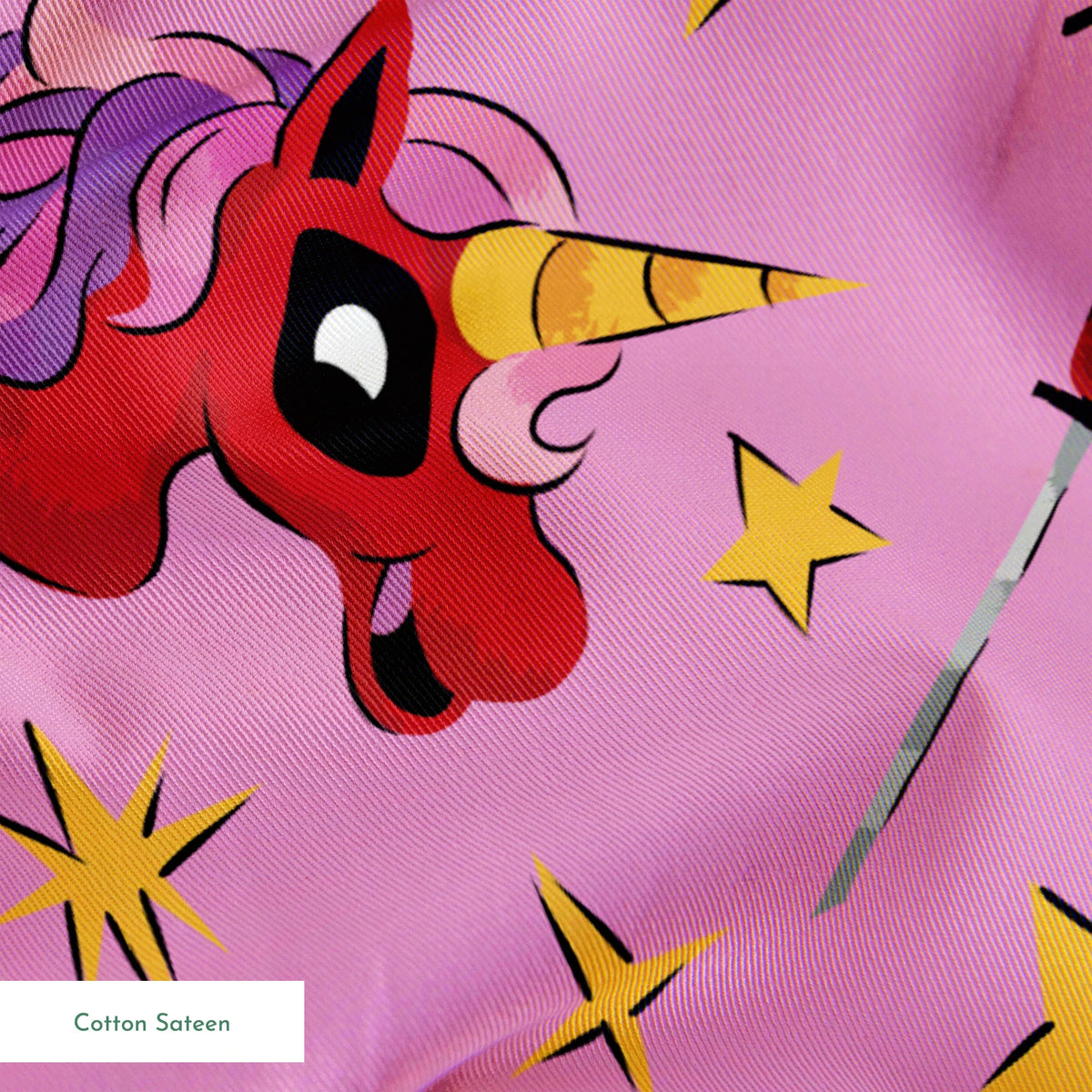 Cartoon character in red riding white unicorns with purple manes against pink starry background springs sateen texture