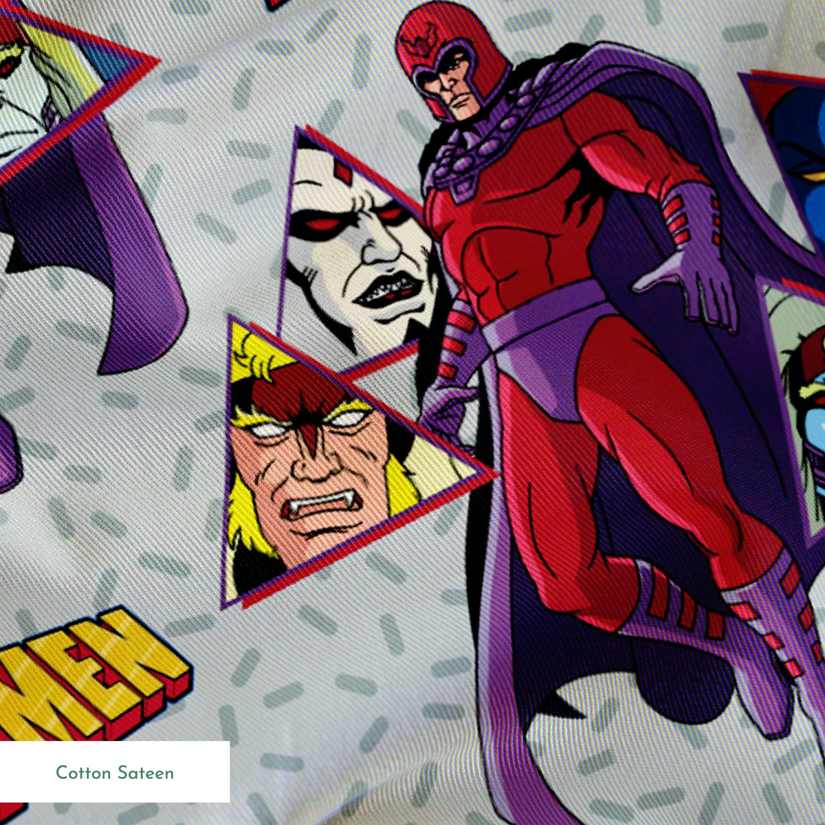 X-Men comic pattern with Magneto in purple and red costume against gray background with character portraits springs sateen texture