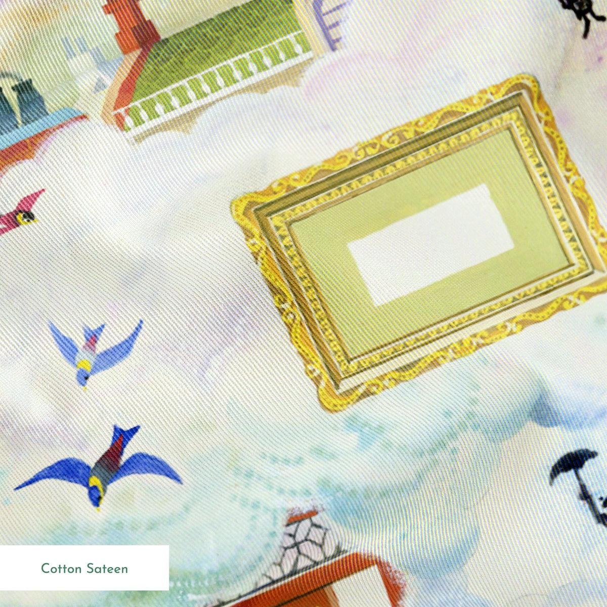 Whimsical pattern with colorful illustrated doorways, frames, and Mary Poppins with umbrellas on a pale blue background springs sateen texture