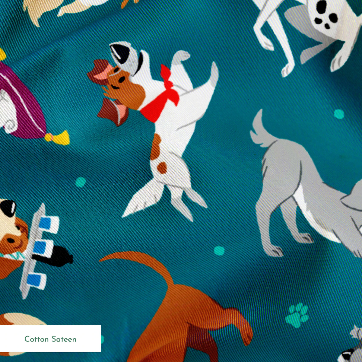 Teal pattern featuring Disney cartoon dogs like Dalmatians, Pluto, Lady and the Tramp, Copper, and other animated pups. springs sateen texture