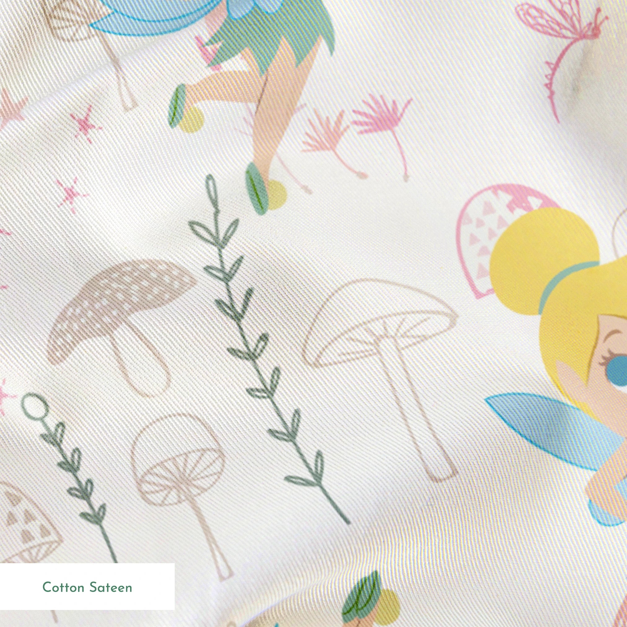 Whimsical pattern with cartoon fairy characters and pink mushrooms against a cream background springs sateen texture